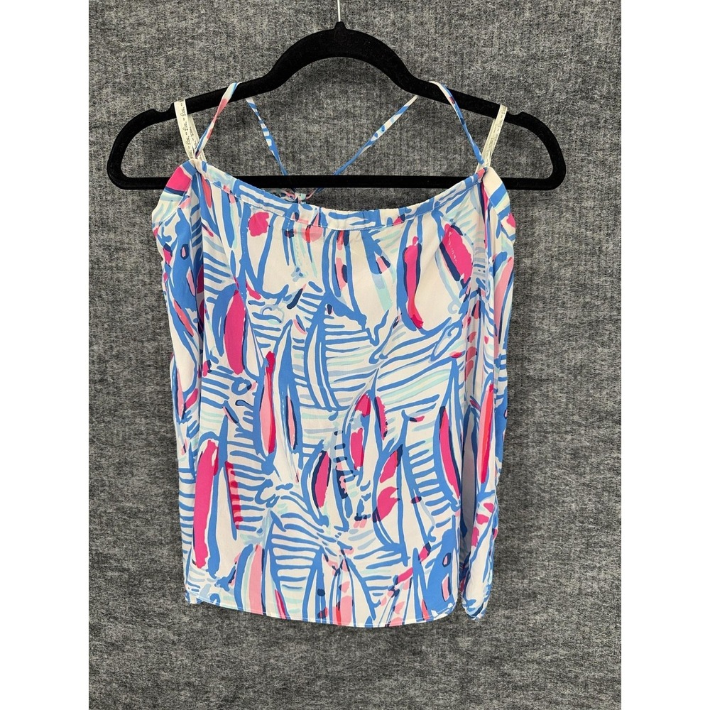 Lilly Pulitzer Top Womens S Blue Pink Halter Silk Square Neck Strappy Tropical - Picture 5 of 10
